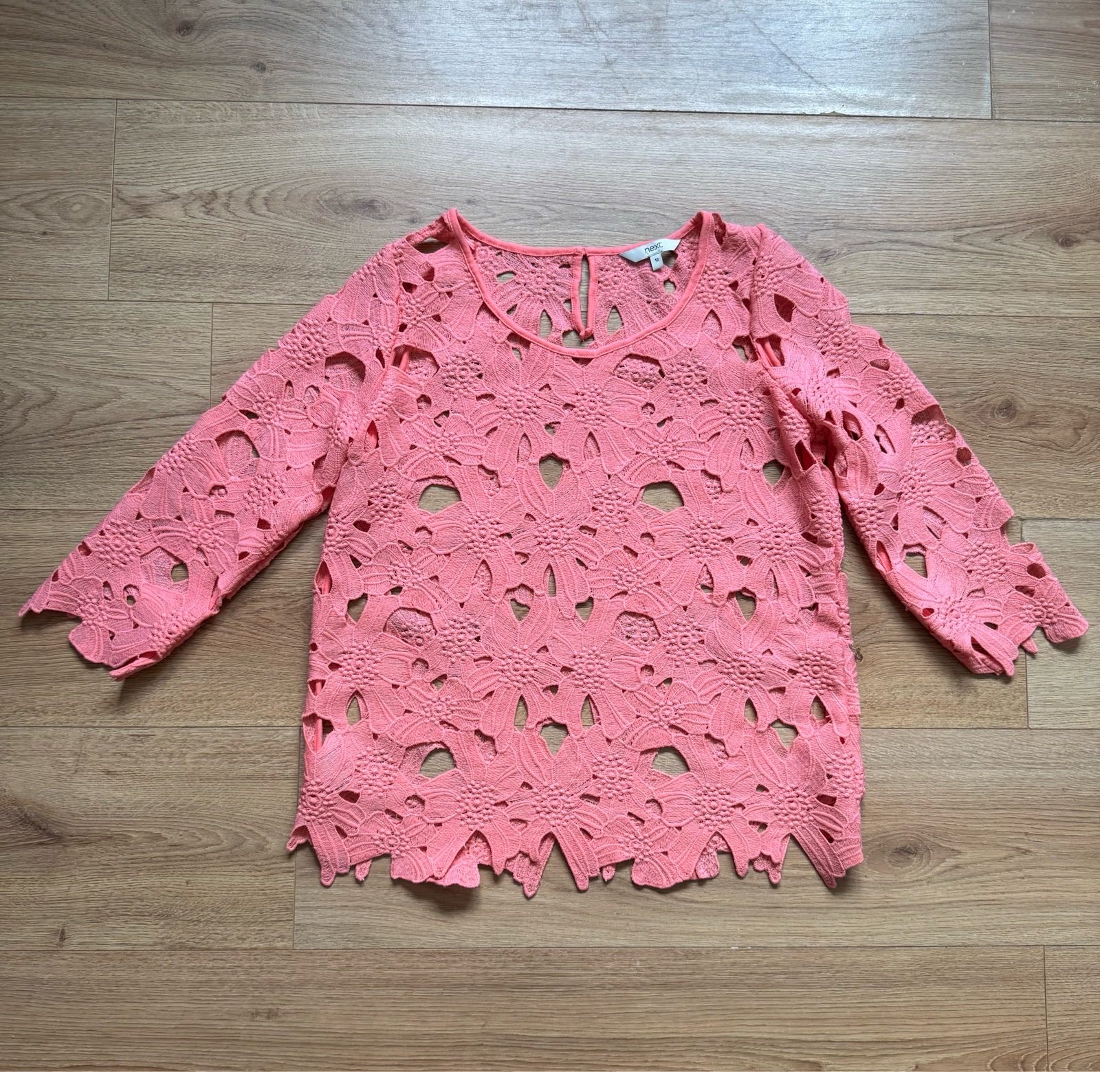 Next Coral Pink Floral Guipure Lace Crochet Top Boho Summer Holiday Festival Size 10