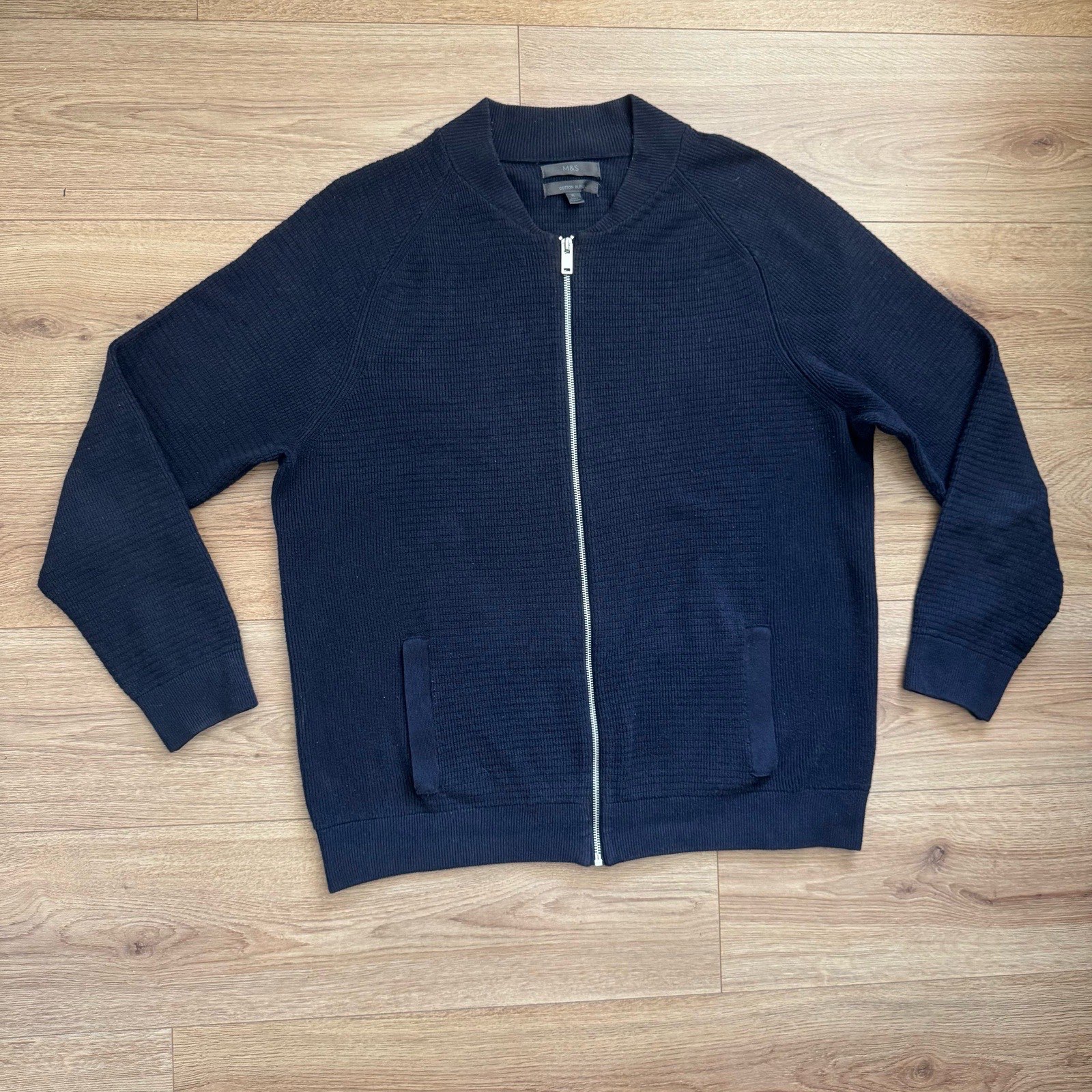 M&S Mens Zip-Through Knitted Bomber Cardigan Jacket Size XL Navy Blue Cotton Blend
