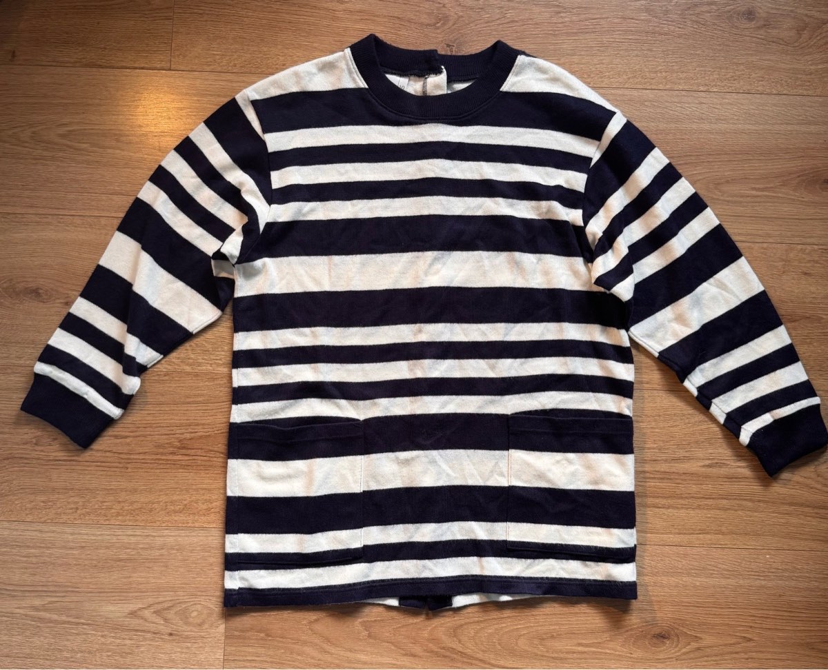 Vintage BHS White & Navy Striped Breton Jumper / Top Size 10 Nautical Retro Button Back Detail