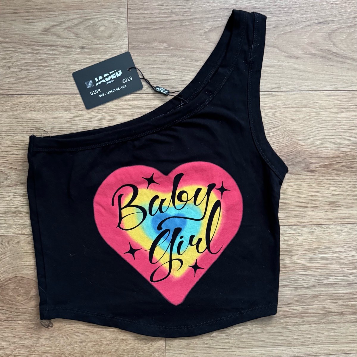 Brand New Jaded London "Baby Girl" One-Shoulder Crop Top Y2K Graphic Tee Rave Slogan Top