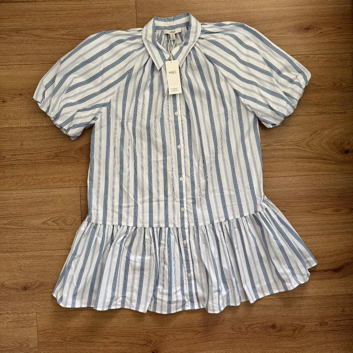 Brand New M&S Cotton Blue & White Striped Puff-Sleeve Smock / Shirt Mini Dress