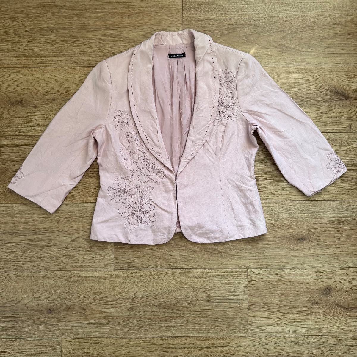 Vintage St. Bernard for Dunnes Stores Elegant Blush Silk-Linen Blend Blazer Floral Embroidery Cottag