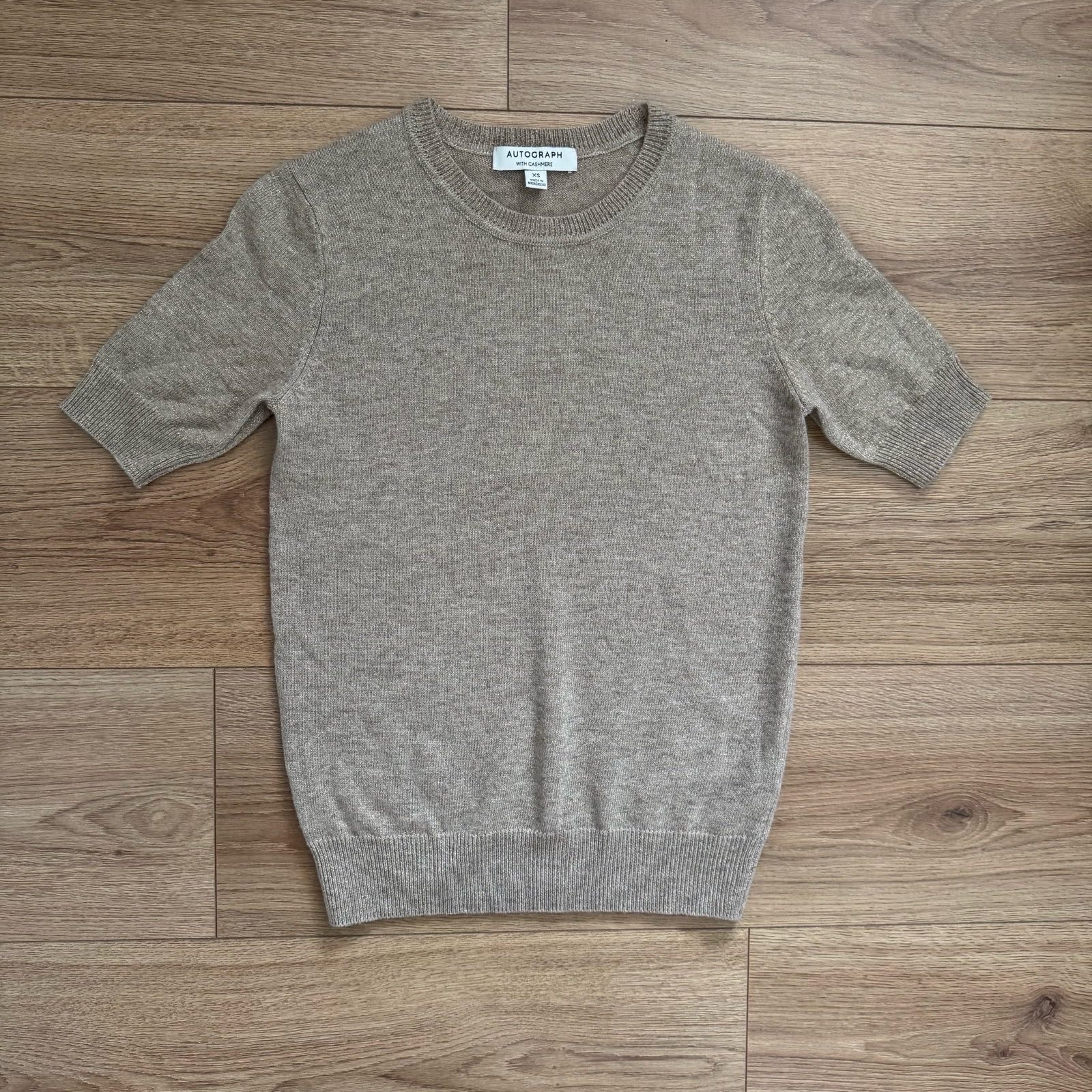 M&S Autograph Cashmere & Merino Wool Blend Metallic Gold Short Sleeve Knit Top Size XS Old Money