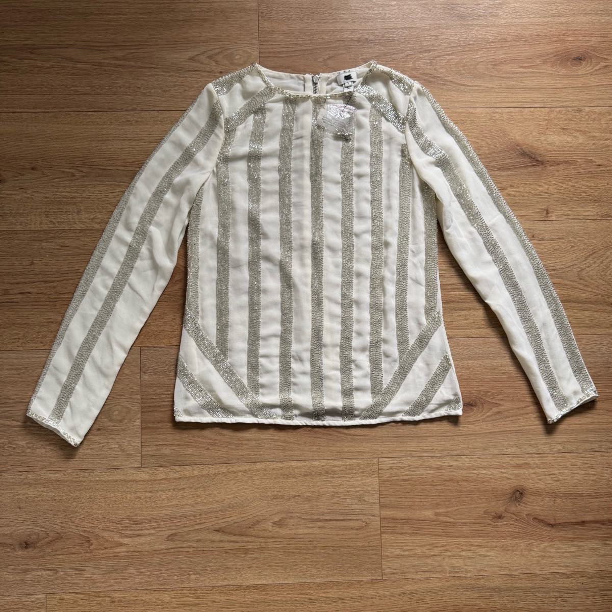 River Island Cream & Silver Heavily Beaded Embellished Sparkly Long Sleeve Top Size 6 Glam