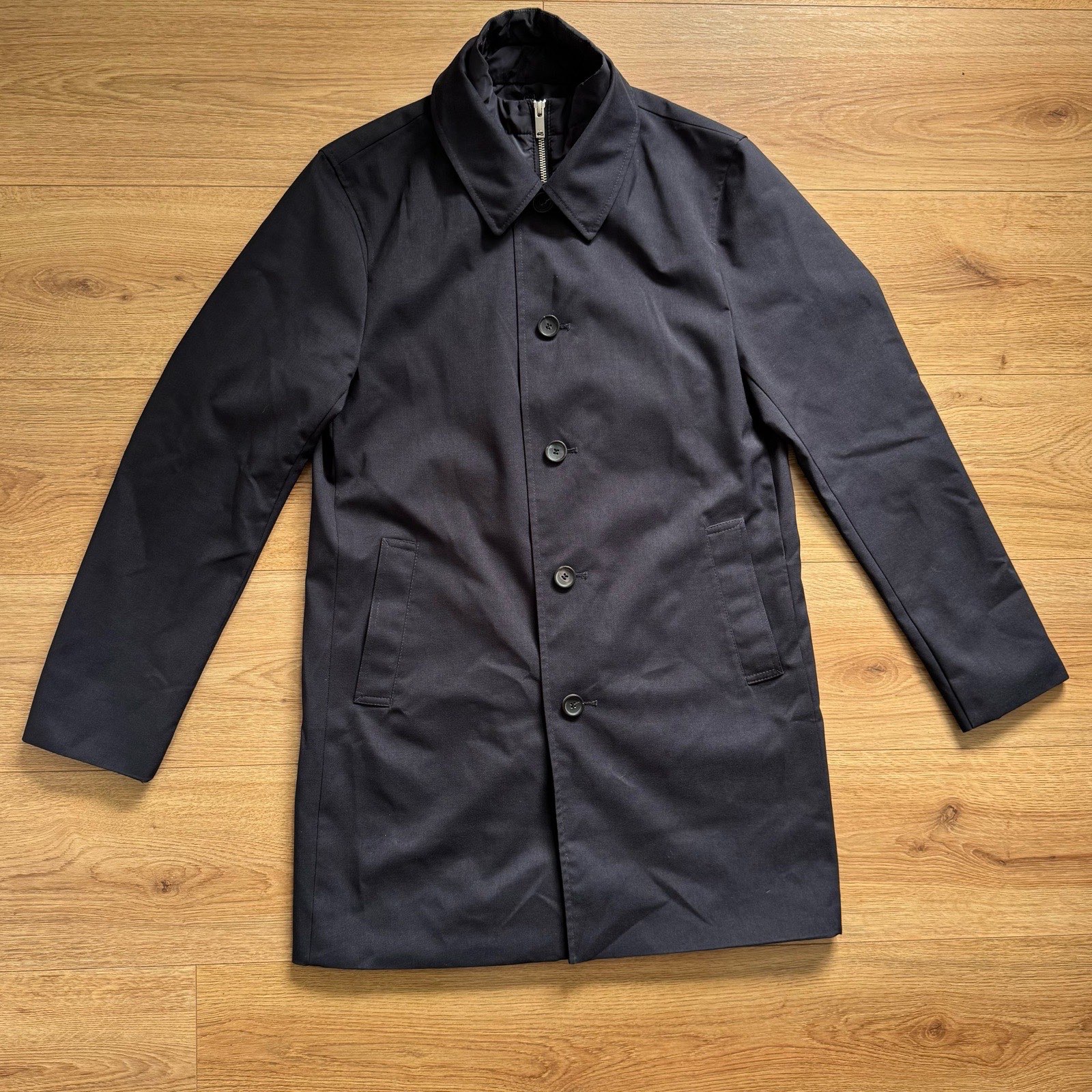 Reiss Men's Navy Smart Hybrid Removable Funnel Neck Coat Overcoat Mid Length Size S