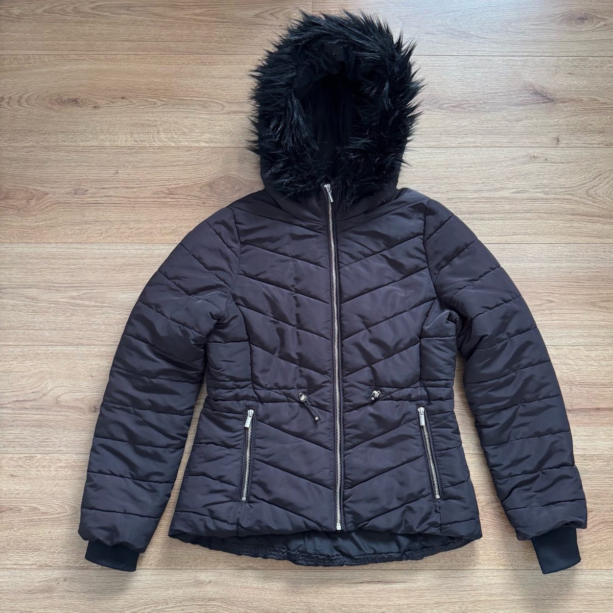 H&M Black Faux Fur Hooded Puffer Quilted Jacket Coat Size S