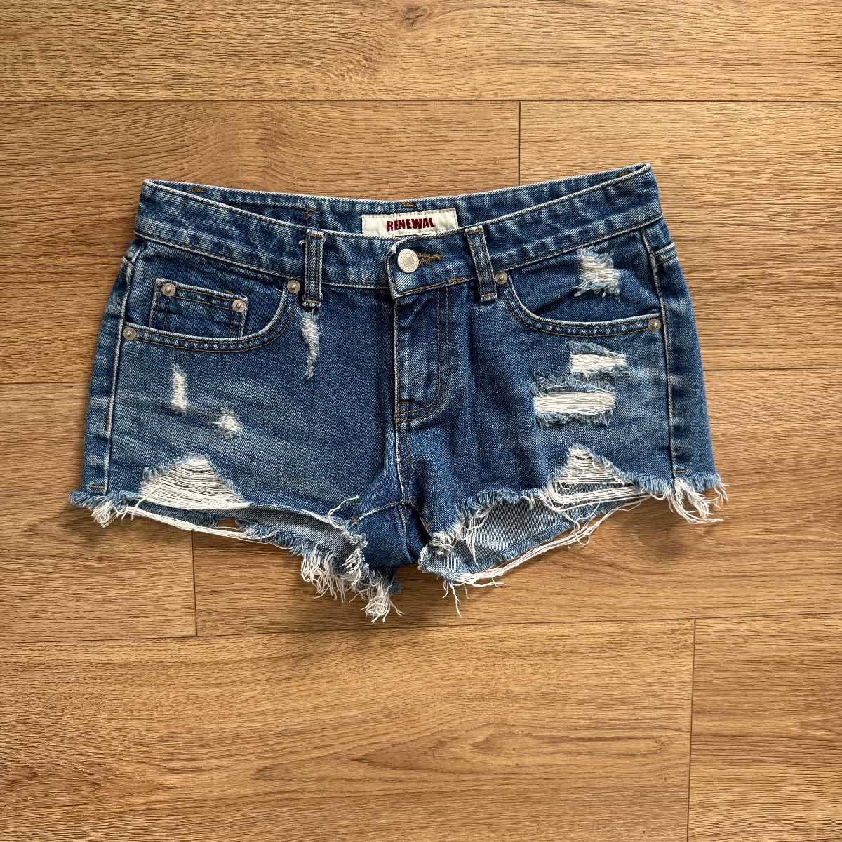 Y2K Style Renewal Distressed Navy Blue Cotton Denim Low Rise Daisy Duke Shorts