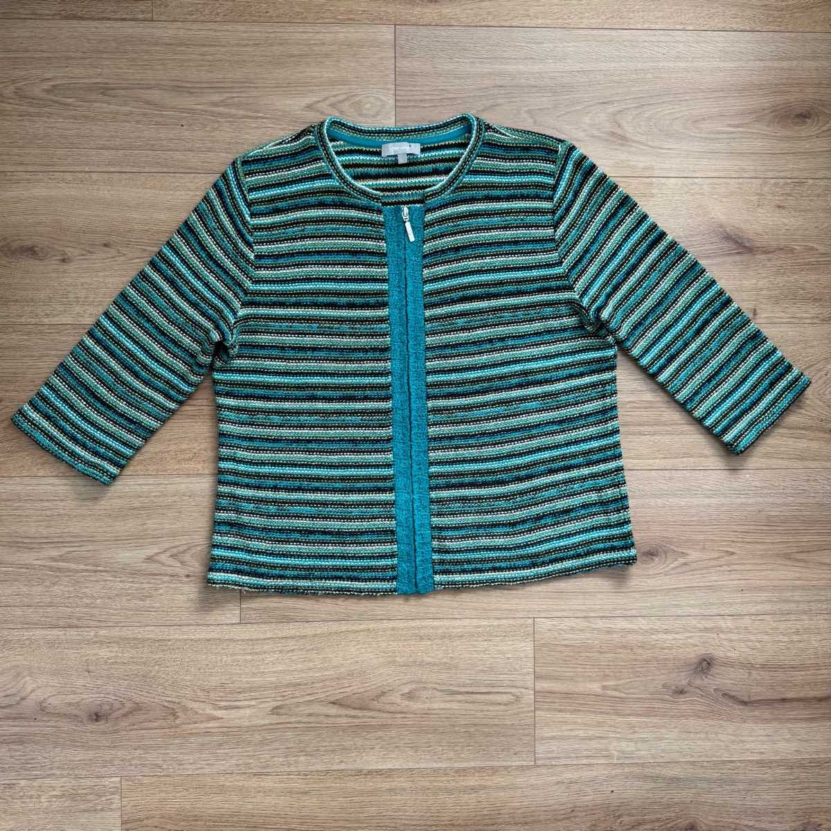 Per Una Teal Green Striped Zip-Up Knitted Cardigan Jacket 3/4 sleeve top Size L