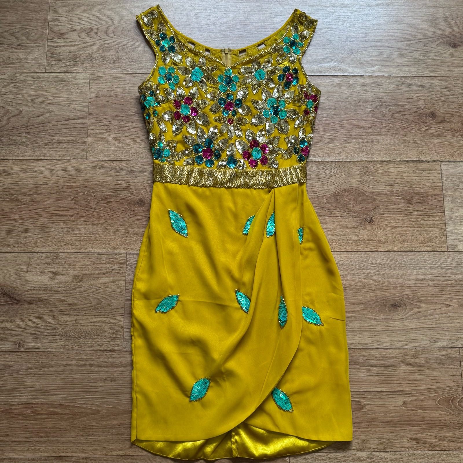 Virgos Lounge Mustard Yellow Embellished Sequin Mini Wrap Dress - Size 6 Glam Statement Wedding Gues