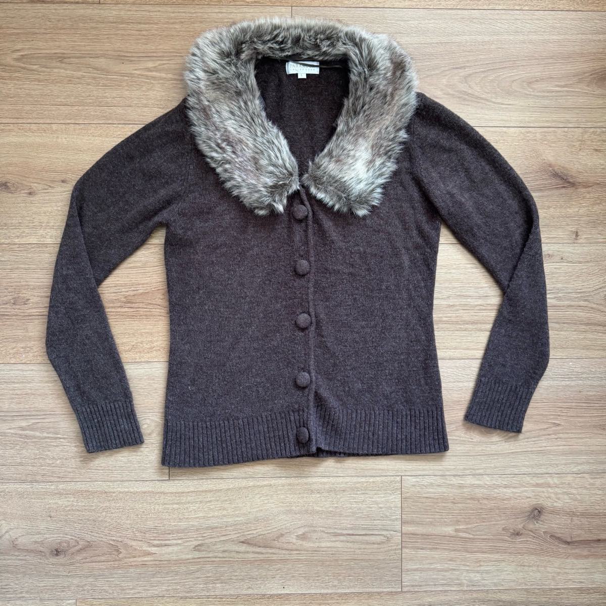 Vintage Y2K Faux Fur Trim Cardigan Chocolate Brown - Size Large (L) Whimsigoth