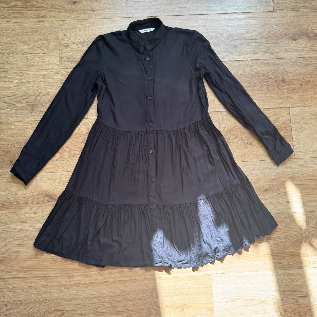 Stradivarius Black Tiered Shirt Smock Dress Size S Boho Grunge