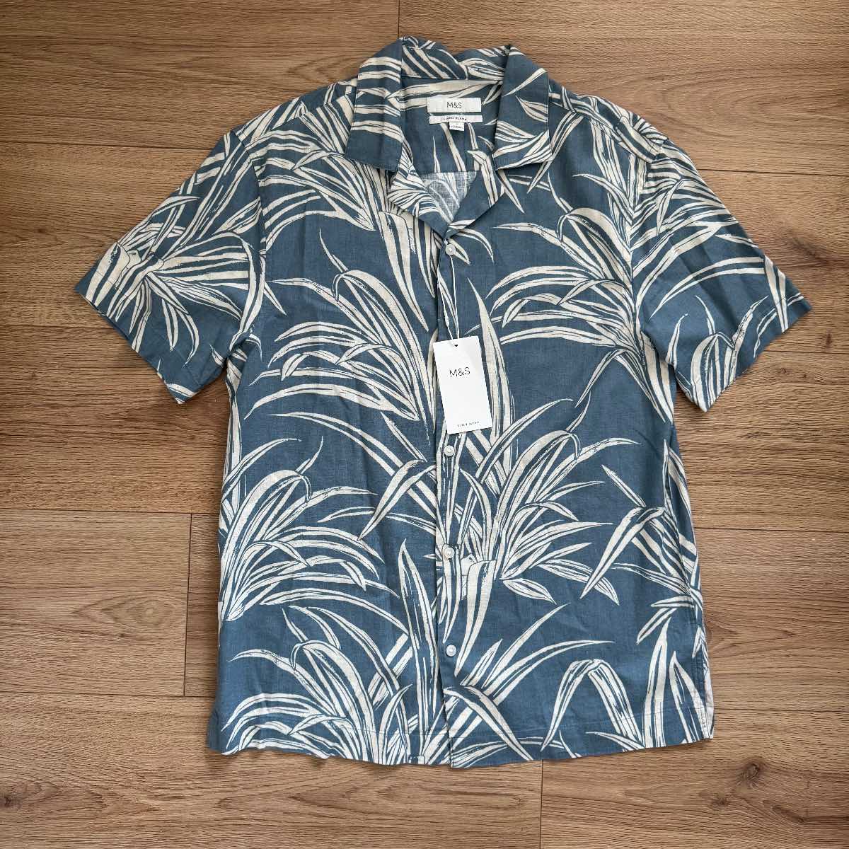 Brand New M&S Blue Linen Blend Palm Print Shirt Cuban Revere Collar