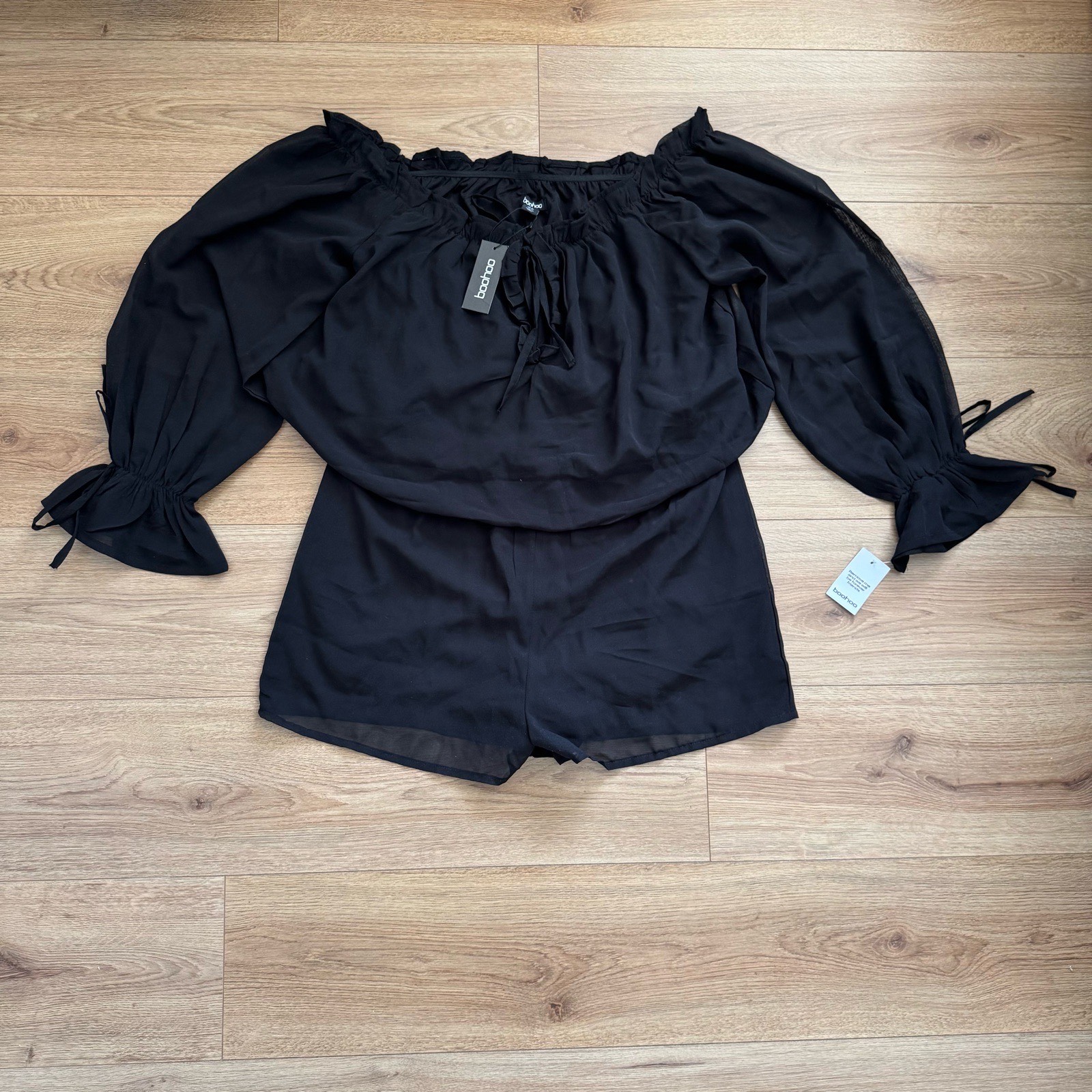 Brand New with Tags Boohoo Black Off-the-Shoulder Bardot Frill Playsuit Coquette