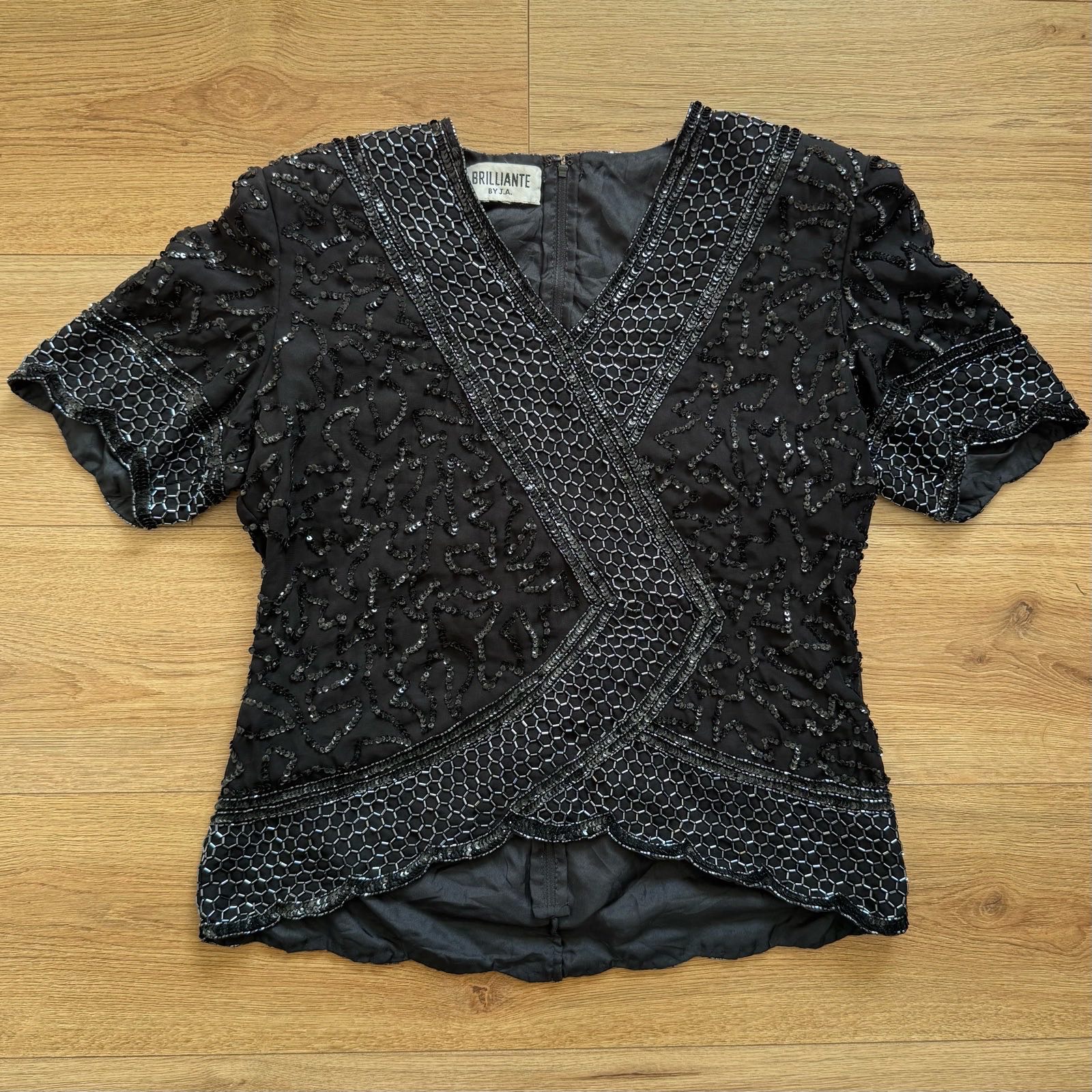 Brilliante by J.A Stunning Vintage Black Beaded Bead Sequined Sequins Evening Top Glam Gatsby Size M