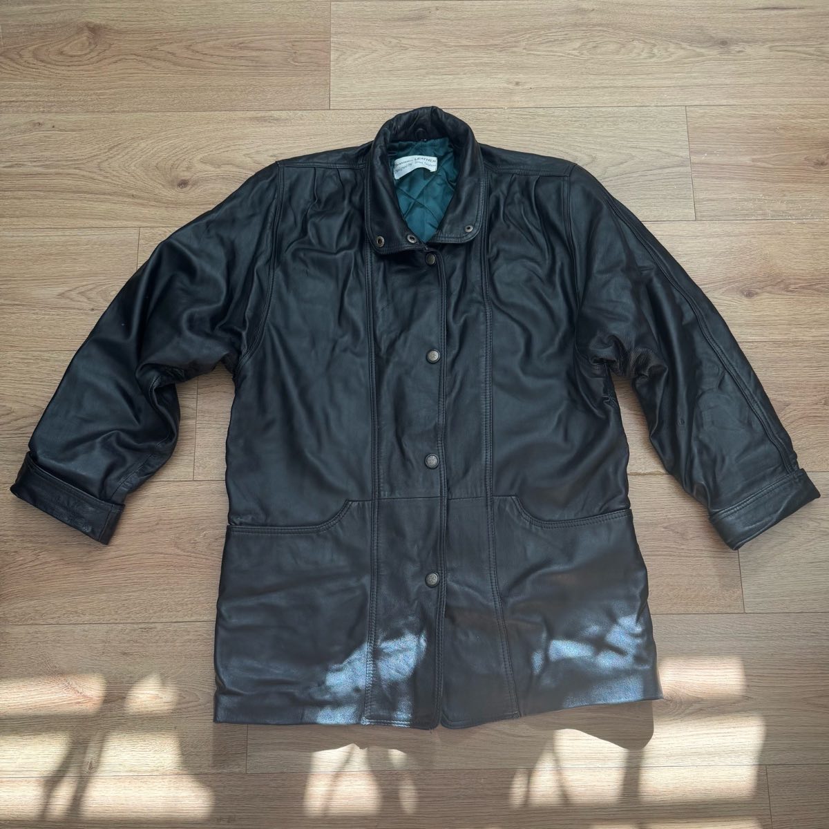 Vintage Charisma Real Black Leather Coat with Teal Satin Lining 90s Oversized Leather Jacket Size L
