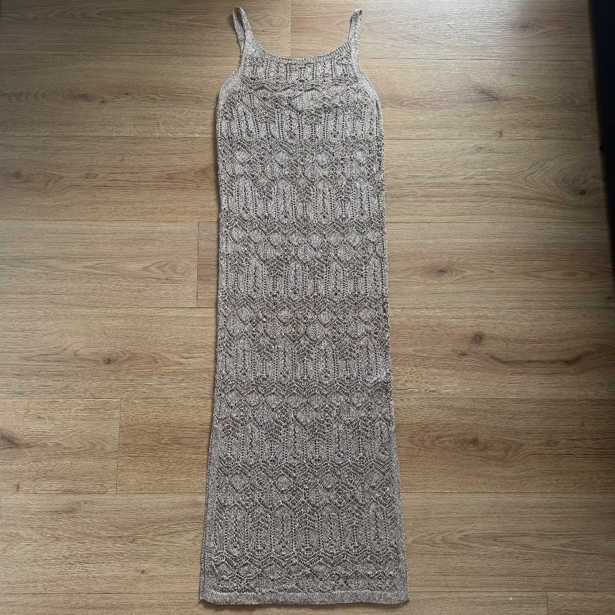 Brand New M&S Metallic Gold Pointelle Knitted Crochet Knit Maxi Dress Beach Cover Up – Size XS
