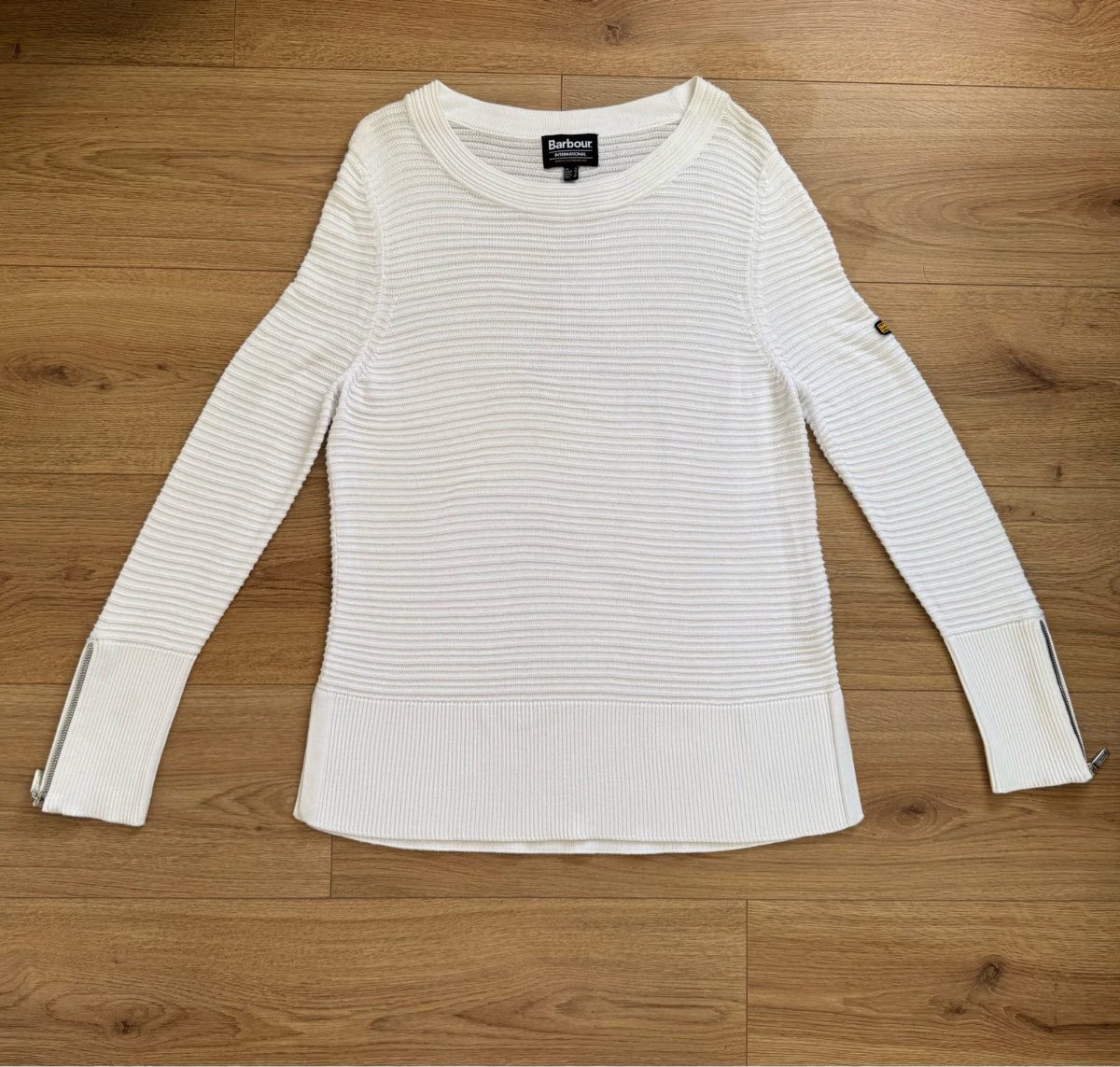 Barbour International White Cotton Ribbed Garrow Knit Knitted Jumper Size 8 Biker