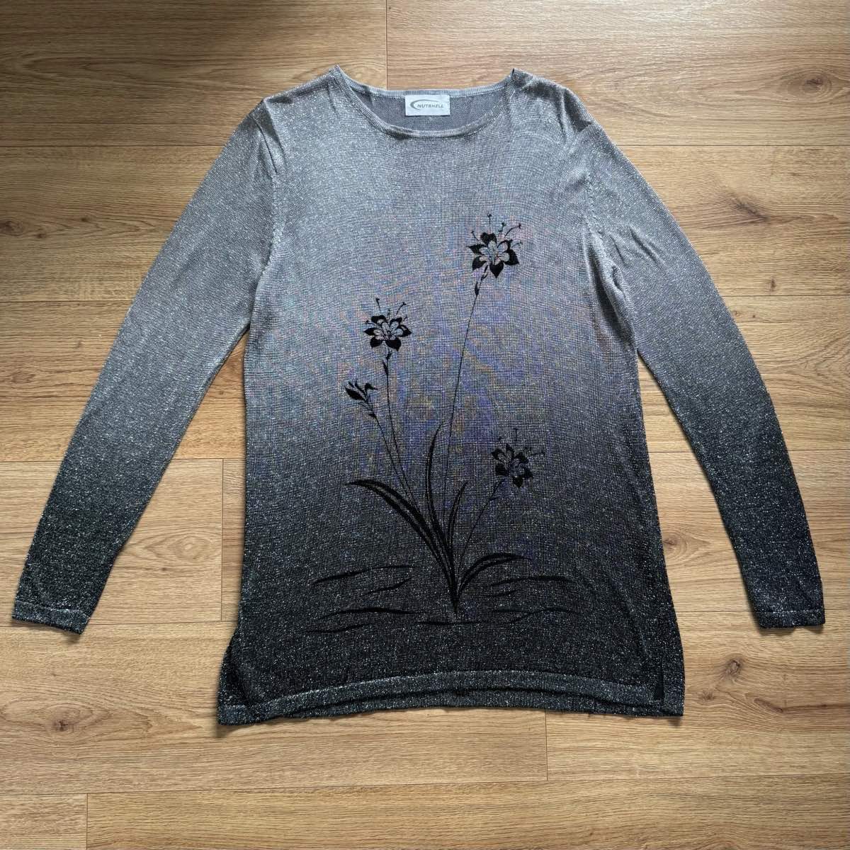 Y2K Vintage Ombré Silver Grey Shimmer Glitter Floral Knit Top Fairycore Grunge Goth Size M/L
