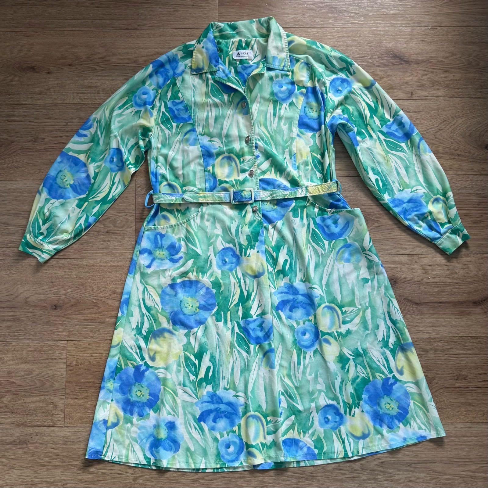 Vintage Alexa 70s 80s Blue & Green Watercolor Floral Shirt Midi Dress Retro Rare Cottagecore