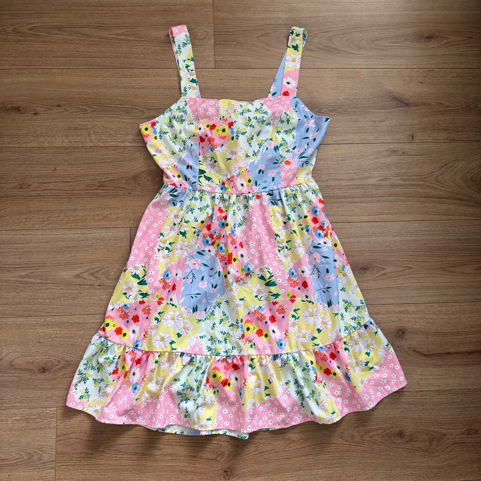 Multicoloured Floral Patchwork Tie-Back Cami Dress Cottagecore Boho