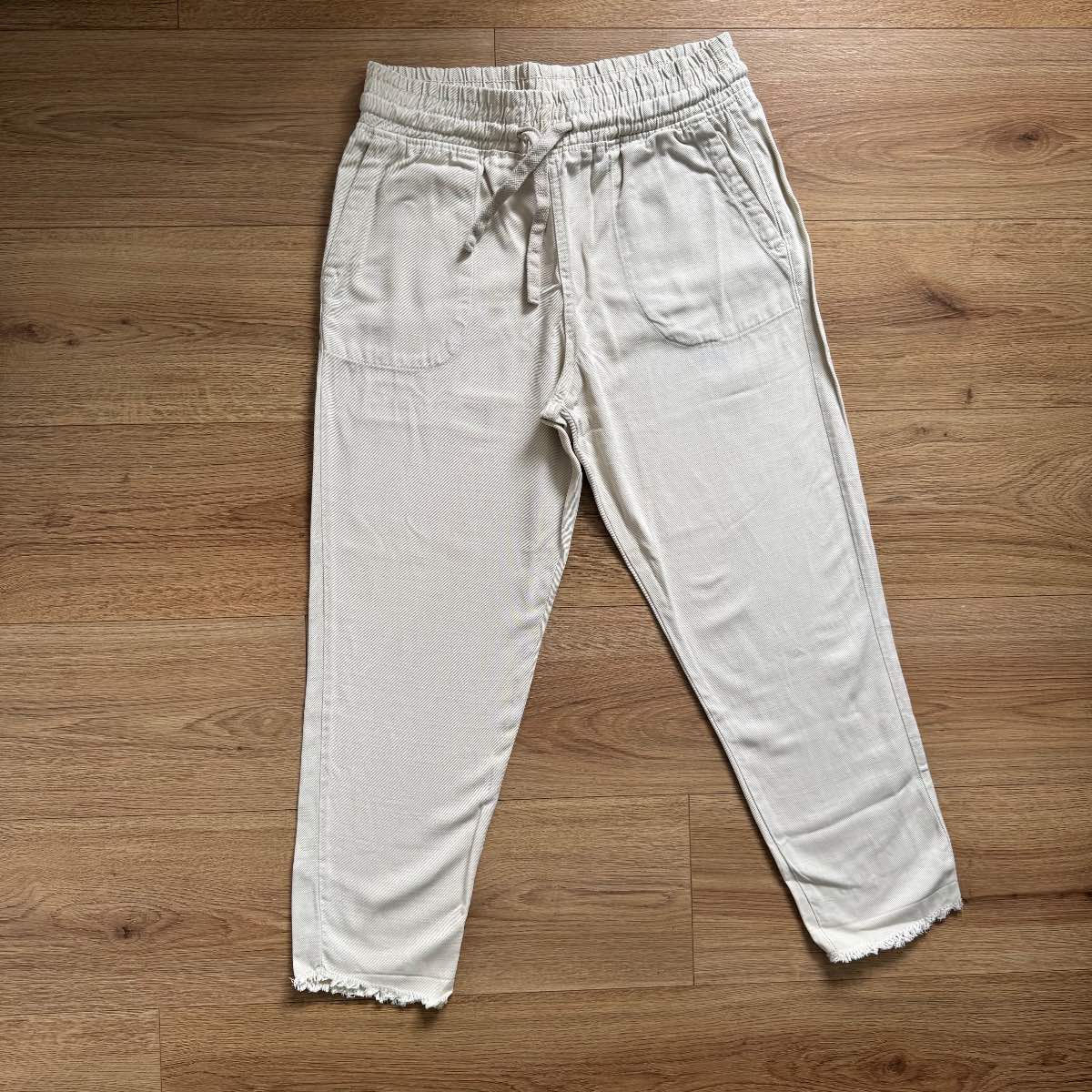 Zara Cream Cotton Blend Raw Hem Trousers Pants Boho Elasticated Waistband Lightweight