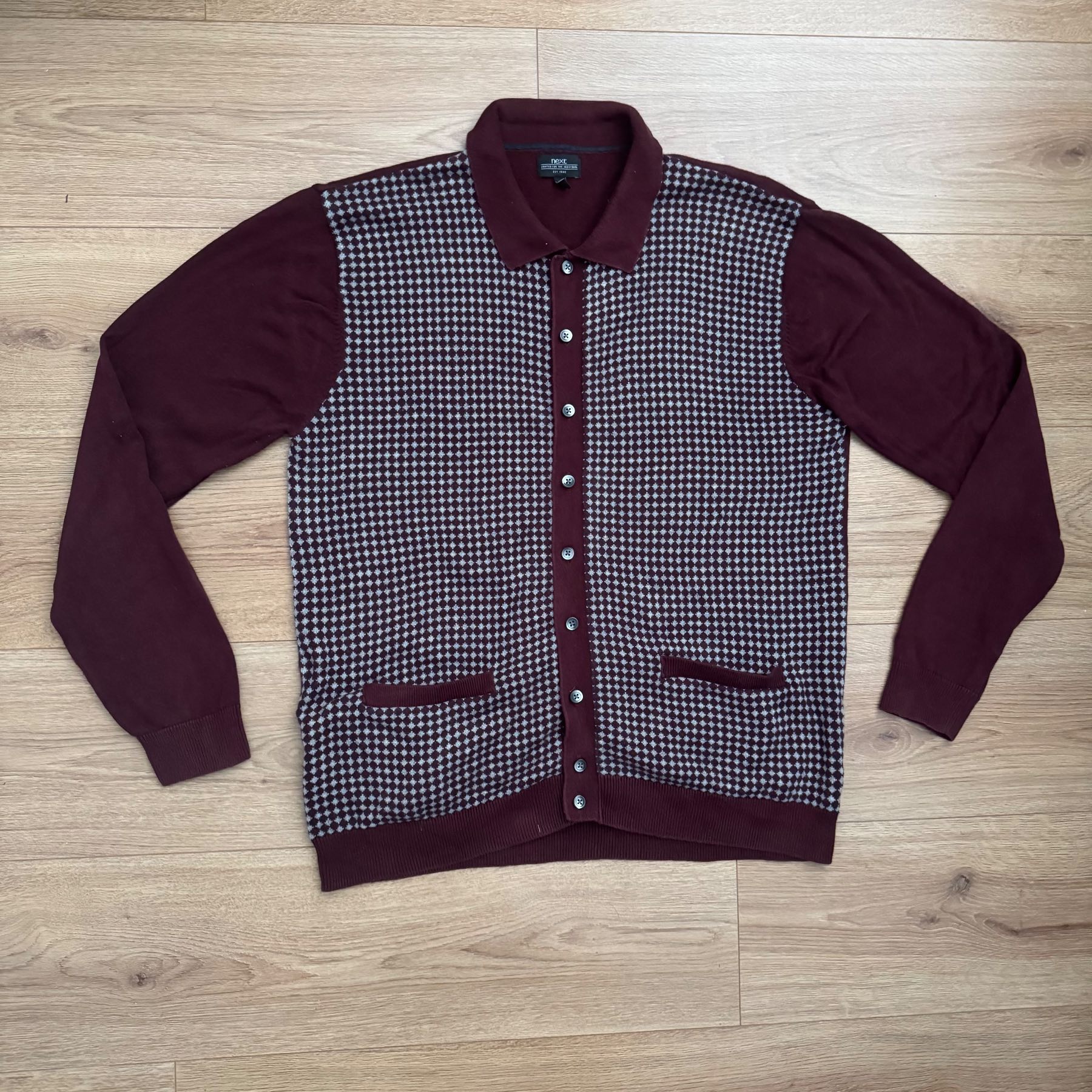 Next Retro Geometric Knit Button-Through Polo / Cardigan 60s Mod Indie Size XL