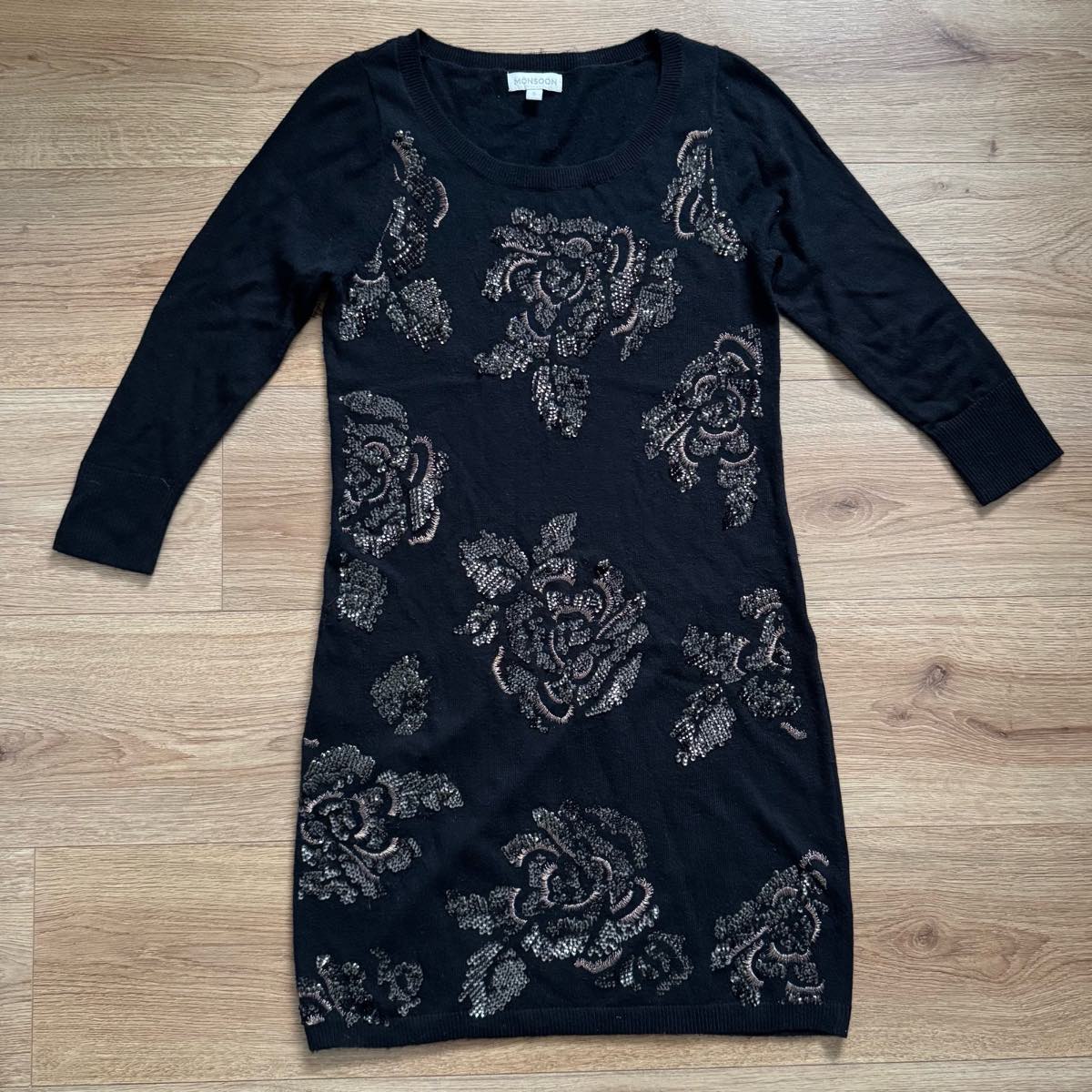 Monsoon Gold Sequin Floral Black Knit Bodycon Dress Size S Long Sleeve