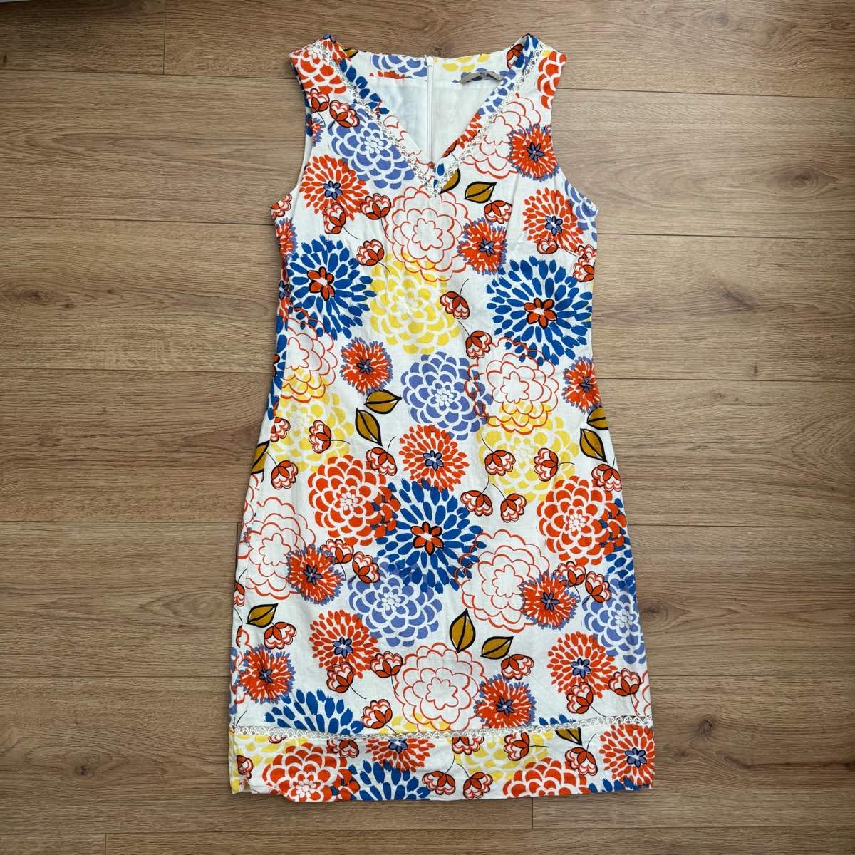 Tu Bright Floral Linen Blend V Neck Sun Shift Dress Size 12 Retro 70s Style Boho