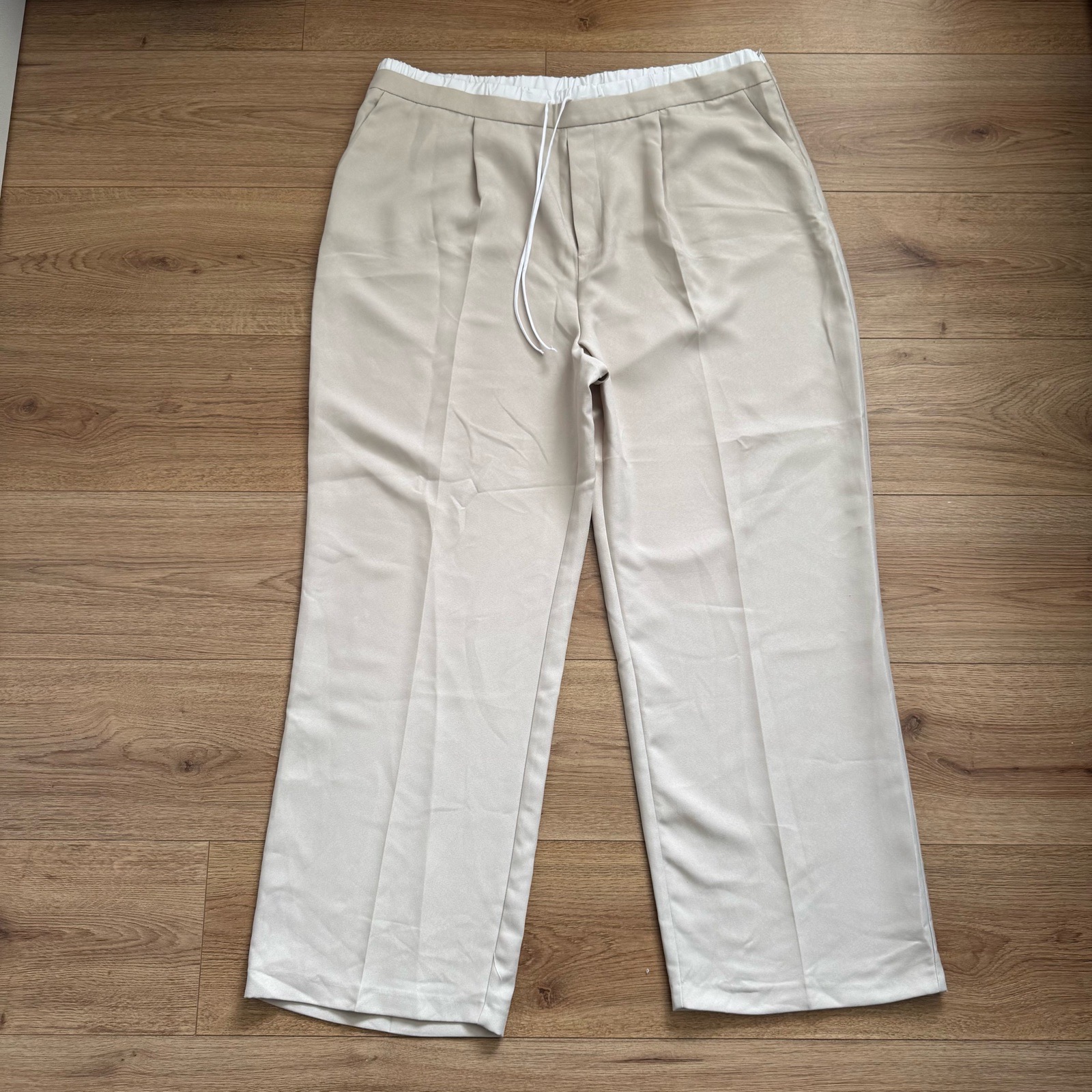 Primark Beige Wide Leg Trousers - Elasticated Drawstring Waist - UK 20 Clean Girl Minimalist
