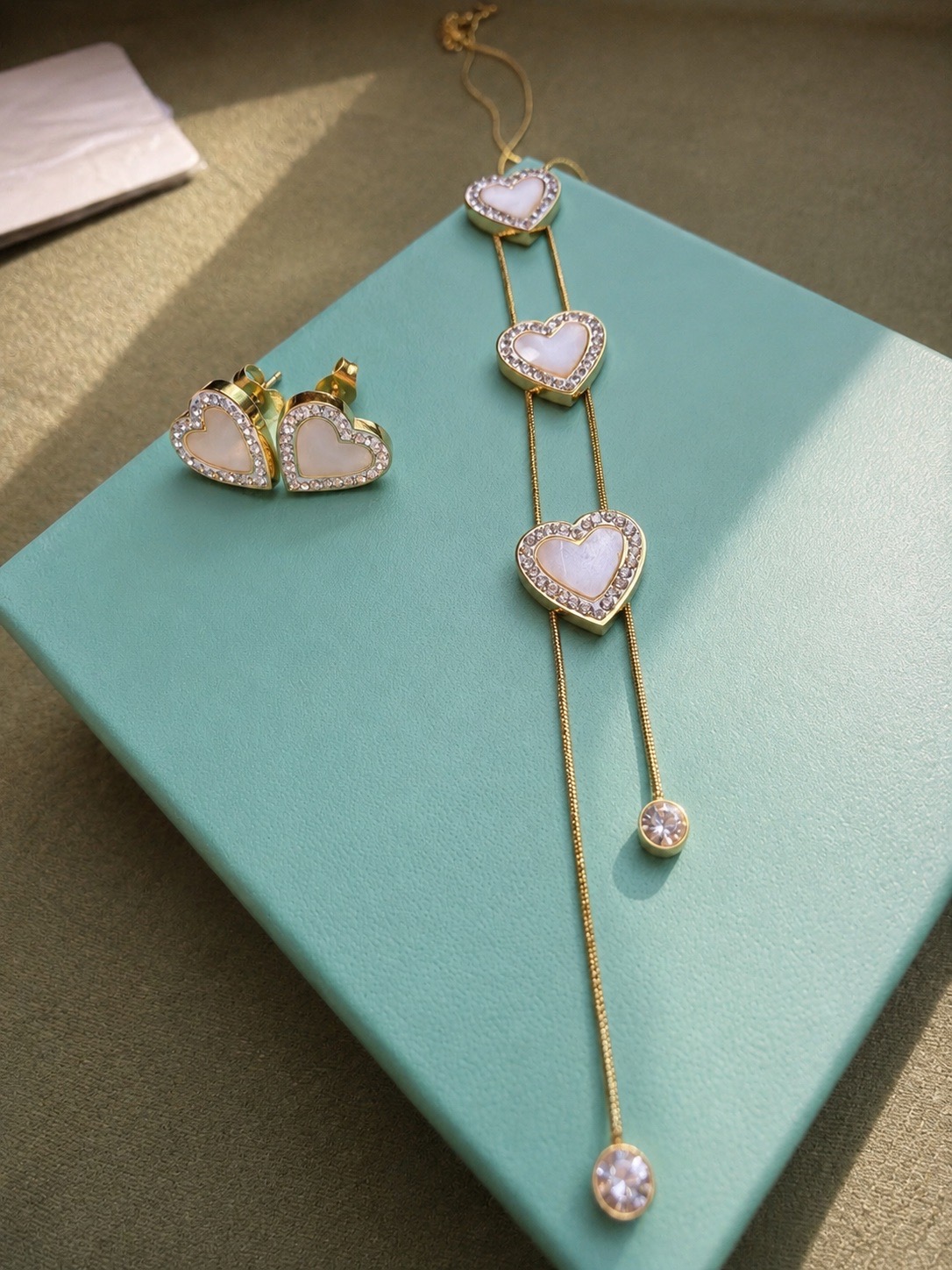 18K Gold Plated 5 Heart Y Necklace Lariat Zircon Stainless Steel