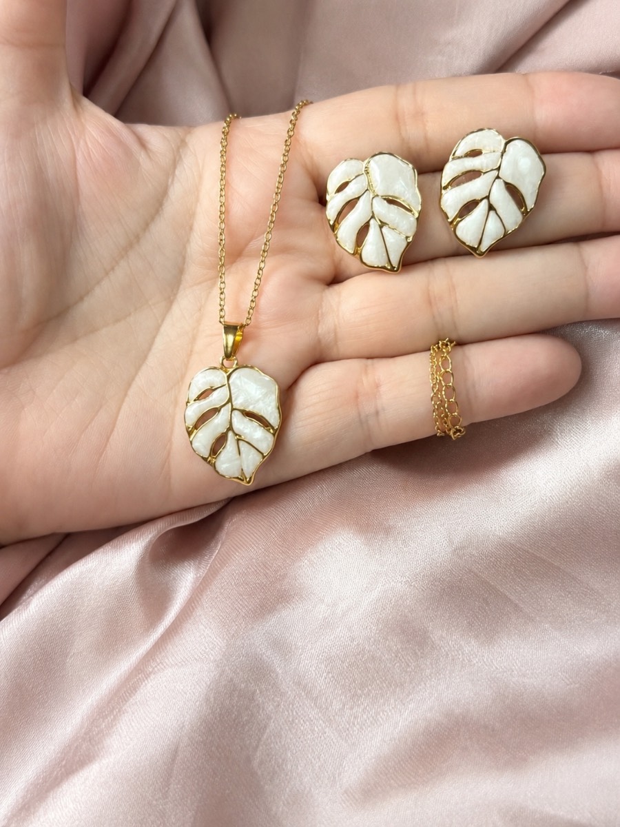 18K Gold Plated Monstera Leaf Jewellery Set | Necklace Earrings | Stainless Steel