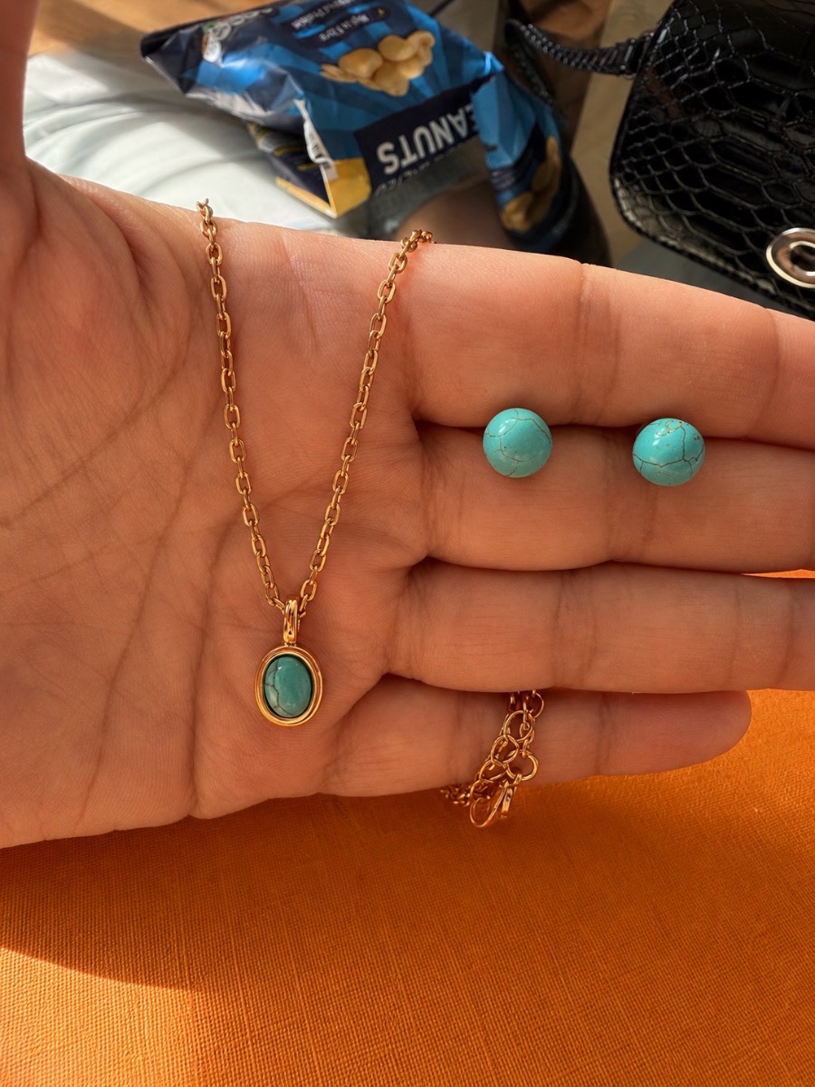 Turquoise Stone Necklace + Earrings Set Gold Plated