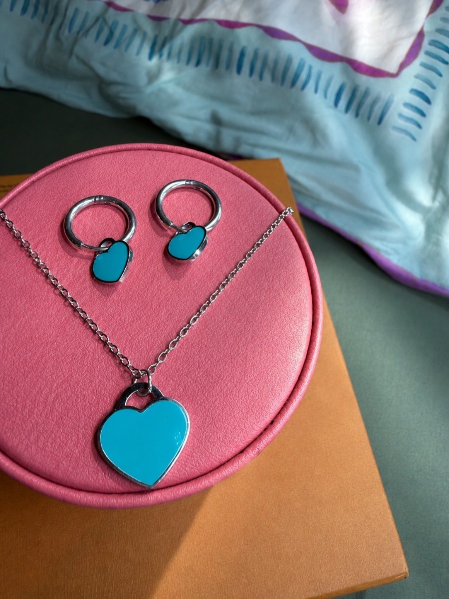 Blue Heart Necklace Earrings Set - Stainless Steel Jewellery Set