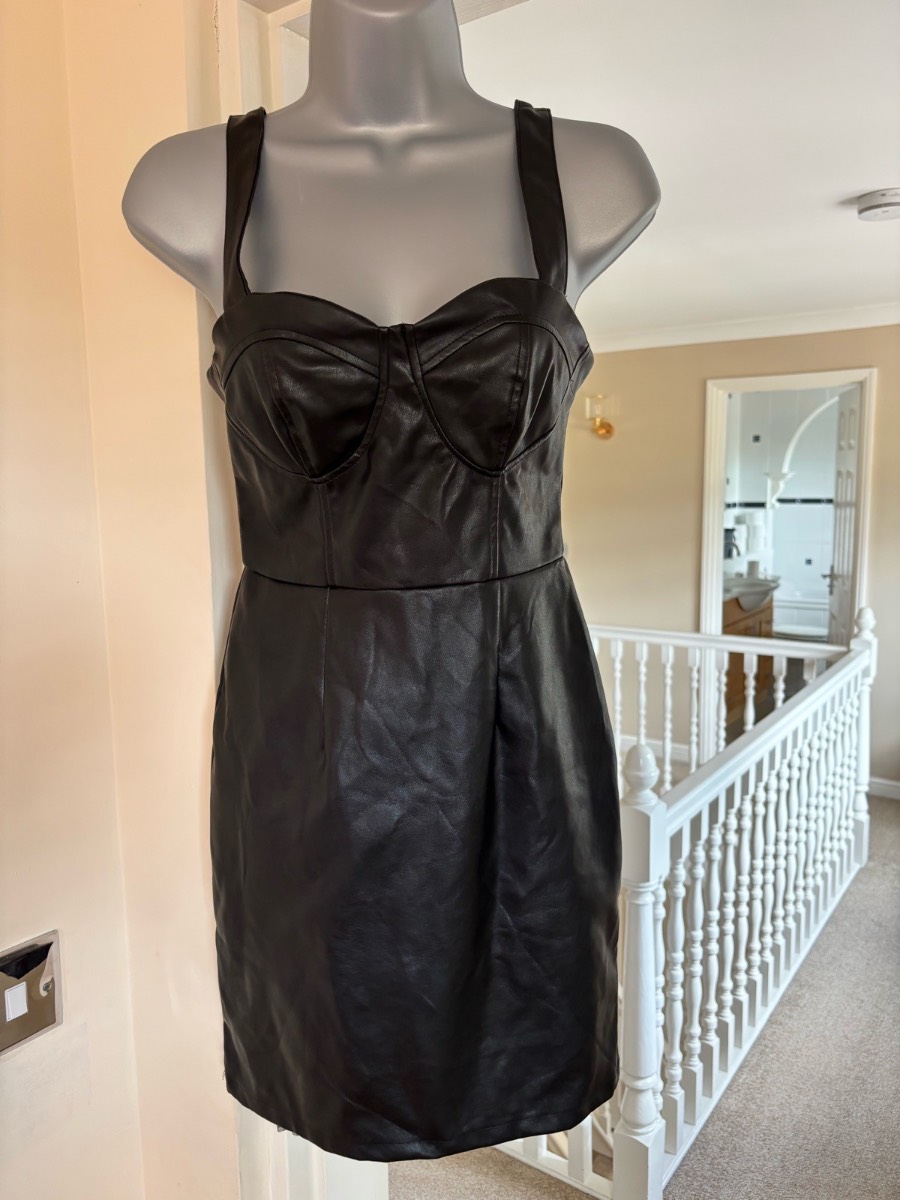 Faux leather mini dress, wide straps, black, size 4