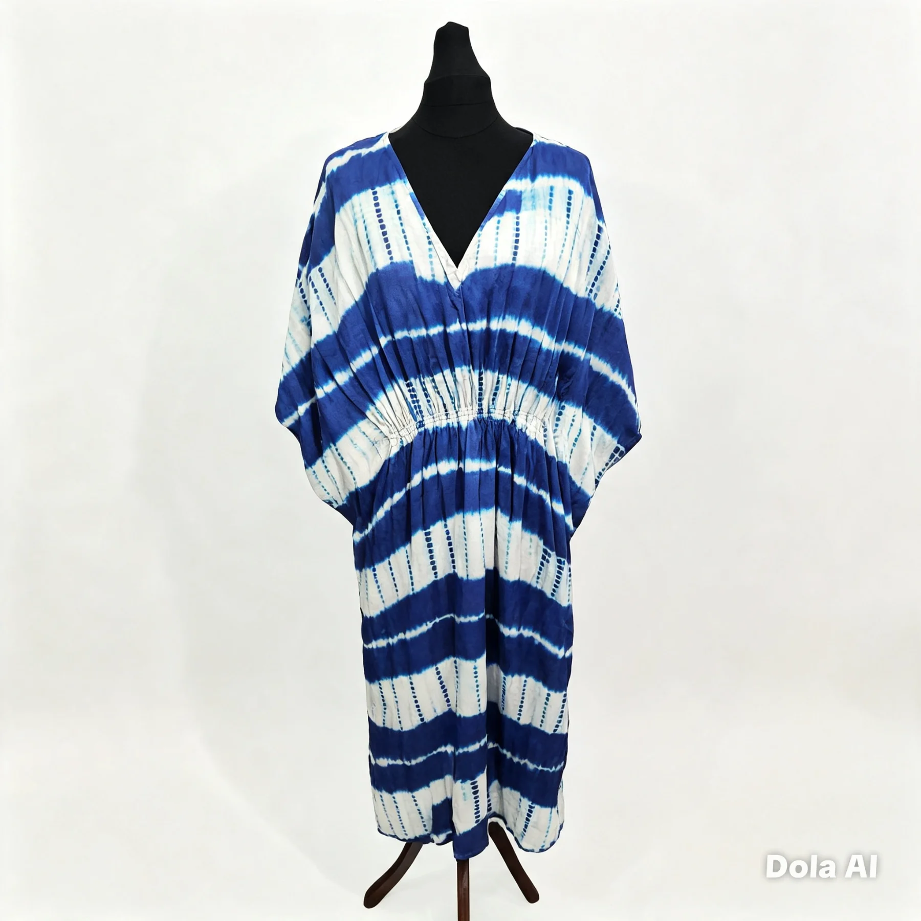 Monsoon Blue & White Tie Dye Kaftan Midi Dress V-Neck Viscose Size S/M