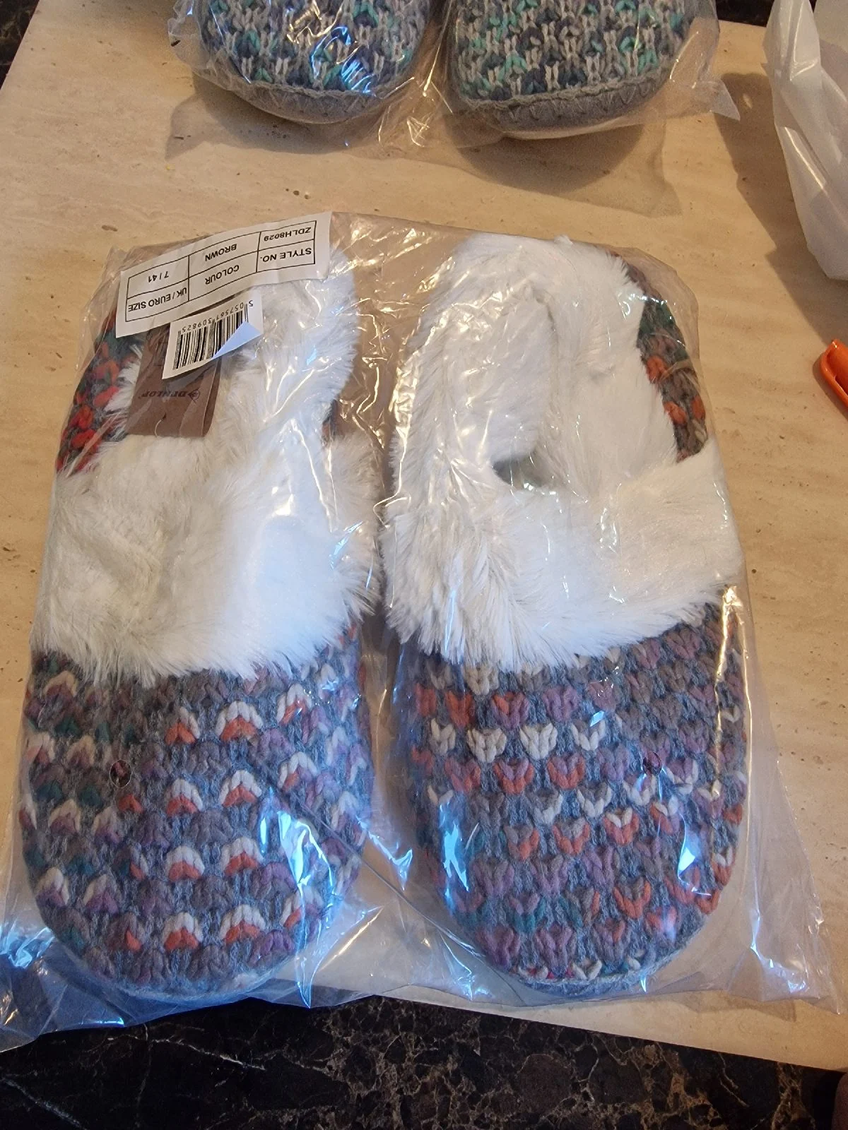 Dunlop Women's Knit Slip On Slippers Faux Fur Lined Blue/Grey UK 6 EU 39