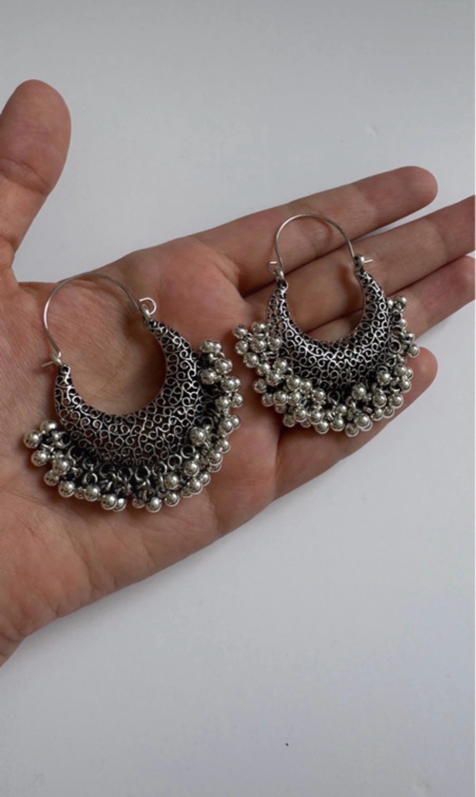 Silver Tone Oxidised Boho Hoop Earrings