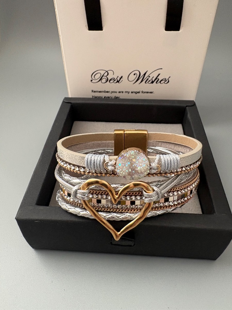 Silver faux leather multilayer tree of life bangle