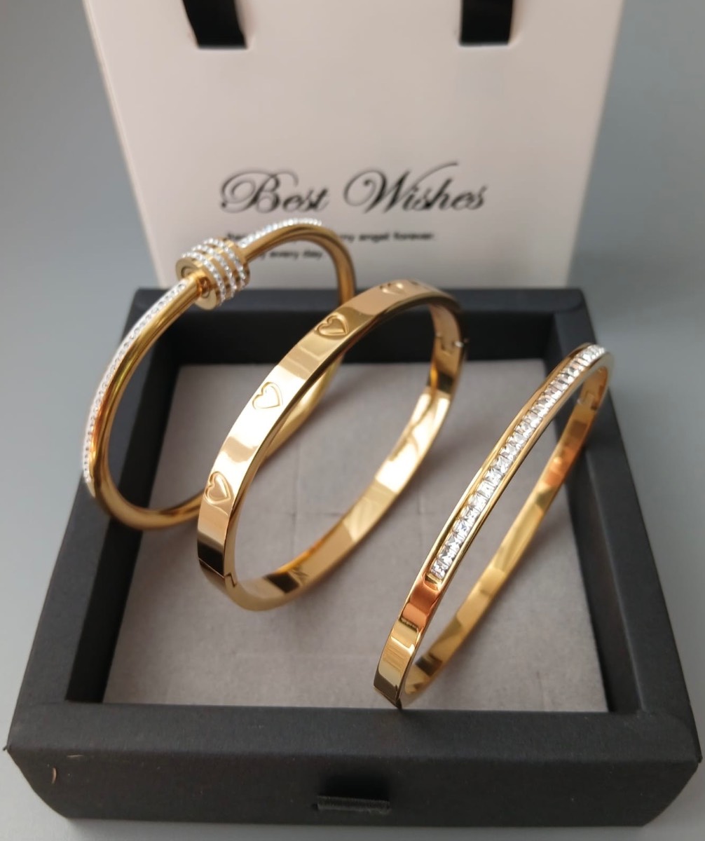 3pcs 18k gold plated synthetic zirconia bangle set