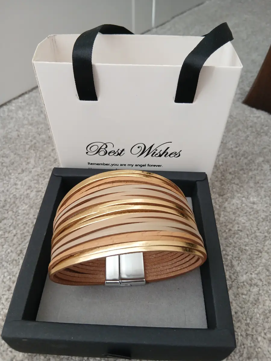 Genuine leather gold and khaki multilayer bangle