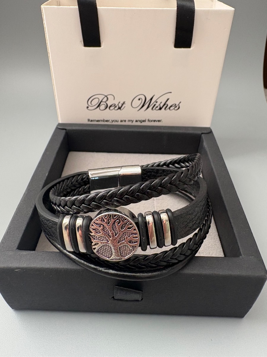 Men’s faux leather tree of life multilayer bracelet black