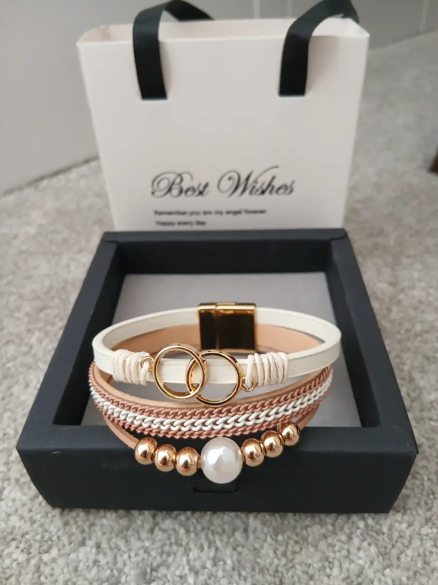 Double ring beaded woven faux leather bangle
