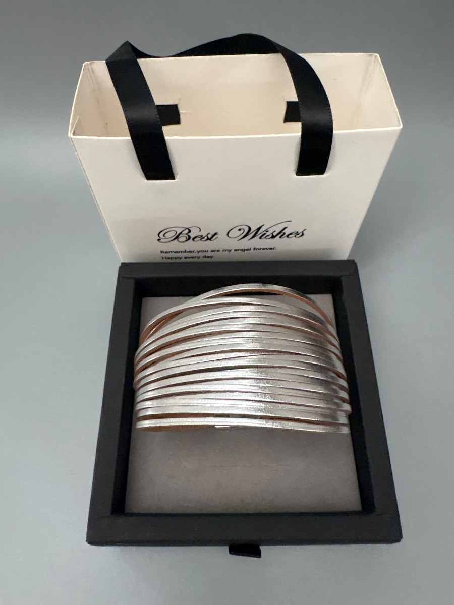 Silver genuine leather multilayer bangle