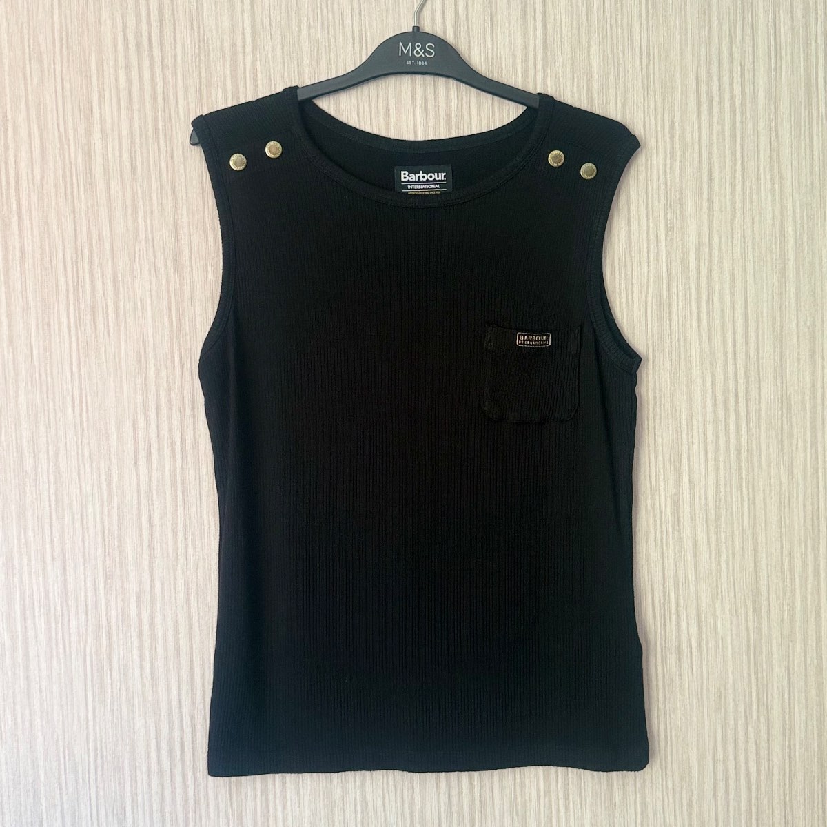 Barbour International Artega black ribbed sleeveless top with gold button shoulder detail size 12