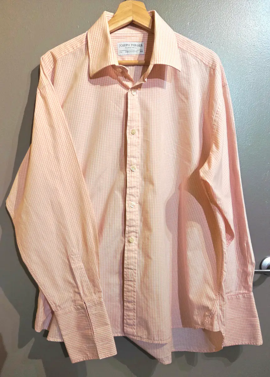 Joseph Turner Men’s Shirt – 17.5 / 36R – Light Salmon Check – 100% Cotton – Very Good Condition