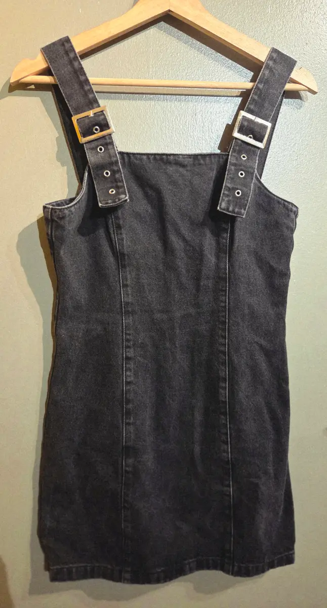 Topshop Black Denim Overall Buckle‑Strap Mini Dress – Size 10 – Good Condition