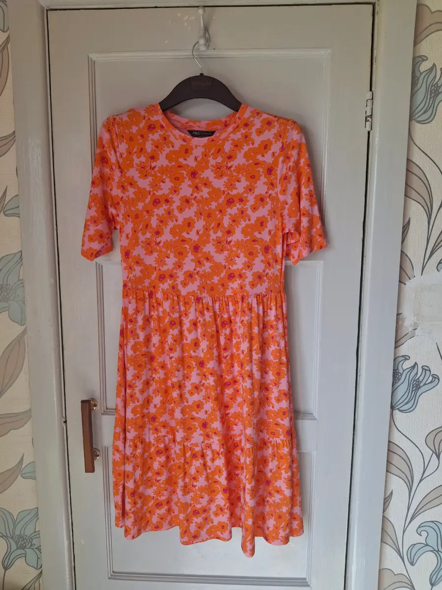 M&S Pink Orange Floral Jersey Tiered Mini Dress Size 8
