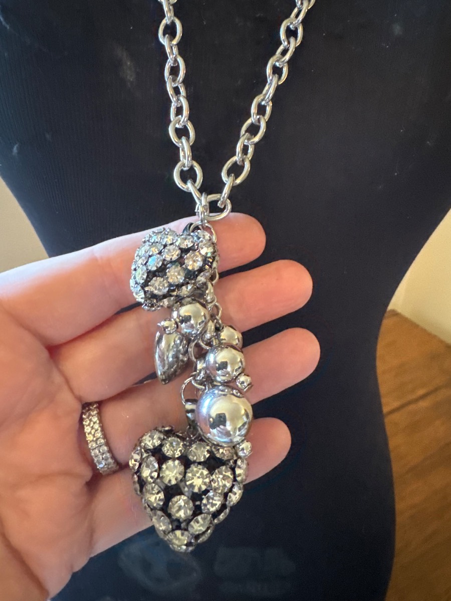 Silver tone and clear stone heart necklace
