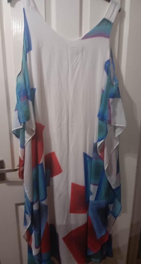 ​KLASS Geometric Cold Shoulder Kaftan Dress Size 16 White Blue Red NWOT