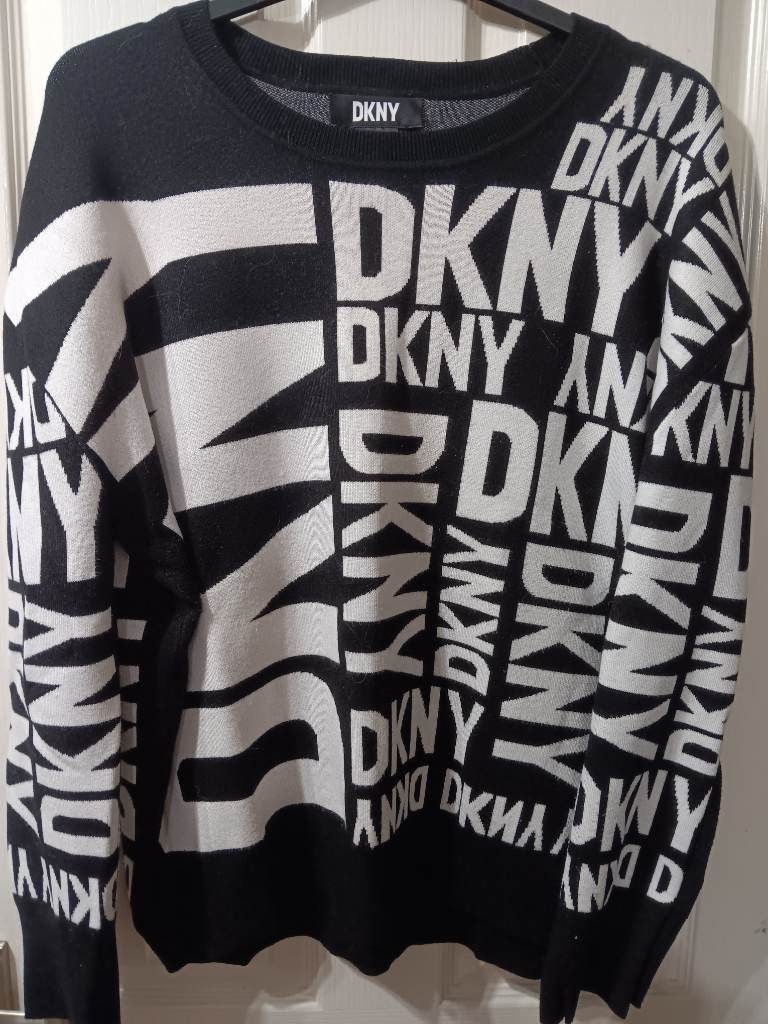 DKNY Black & White Logo Knit Jumper Sweater Oversized Graphic Monochrome 16-18